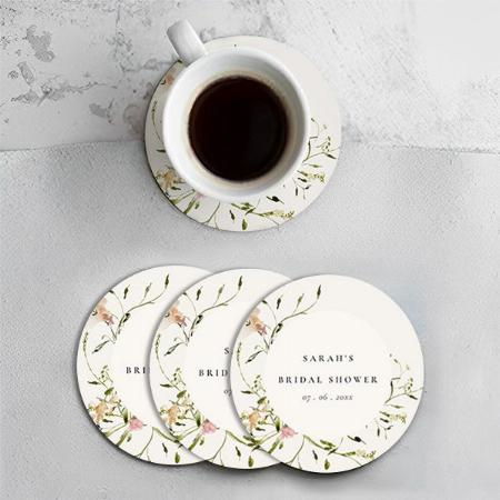 Soft Blush Meadow Floral Wreath Customized Photo Printed Circle Tea & Coffee Coasters