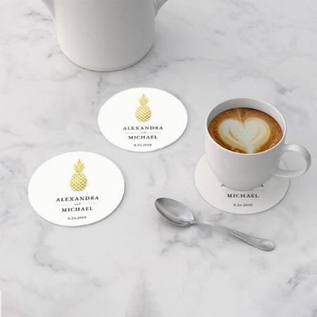 Elegant Gold Pineapple Design with Name and Date Customized Photo Printed Circle Tea & Coffee Coasters