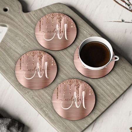 Chic Rose Gold Dripping Glitter Brushed Customized Photo Printed Circle Tea & Coffee Coasters