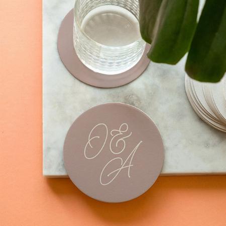 Rose Taupe Script Monogram Customized Photo Printed Circle Tea & Coffee Coasters