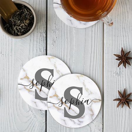 Modern Marble Monogram Customized Photo Printed Circle Tea & Coffee Coasters