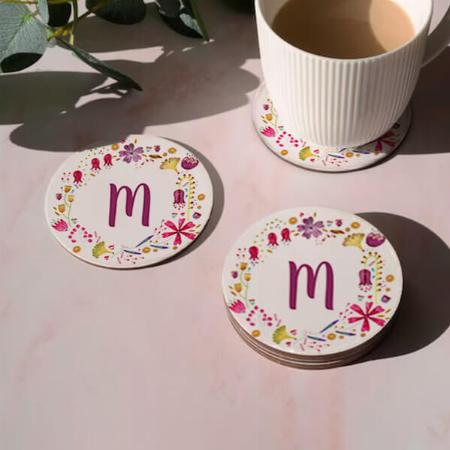 Watercolor Flower Design Monogram Customized Photo Printed Circle Tea & Coffee Coasters