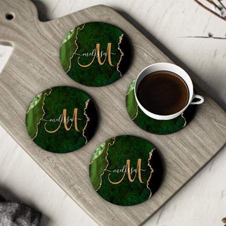 Chic Green Gold Agate Script Monogram Customized Photo Printed Circle Tea & Coffee Coasters