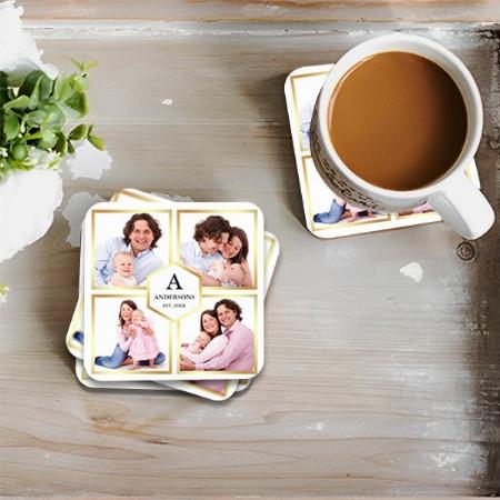 White and Gold 4 Photo Collage Customized Photo Printed Tea & Coffee Coasters