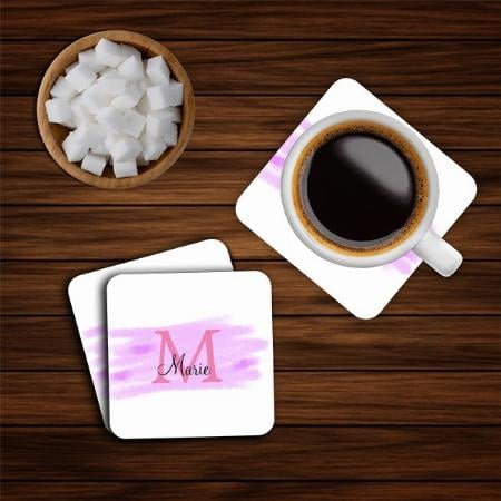 Simple Minimal Monogram Pink Watercolor Customized Photo Printed Tea & Coffee Coasters