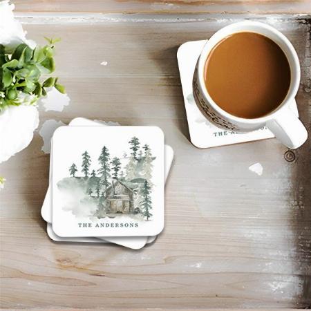 Rustic Cabin Watercolor Forest Green Name Customized Photo Printed Tea & Coffee Coasters