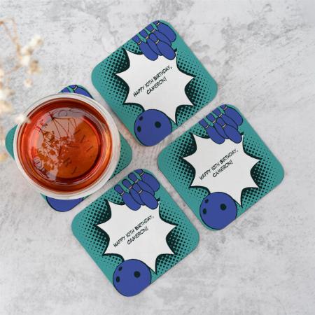 Blue Bowling Happy Birthday Customized Photo Printed Tea & Coffee Coasters
