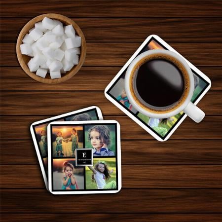 Family Photo Collage Monogram Customized Photo Printed Tea & Coffee Coasters