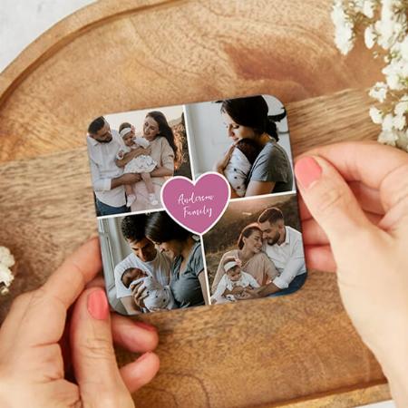 Pink Heart Family Photo Collage  Customized Photo Printed Tea & Coffee Coasters