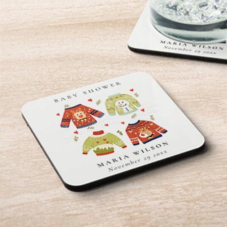 Cute Winter Hearts Leafy Ugly Sweater Baby Shower Customized Photo Printed Tea & Coffee Coasters