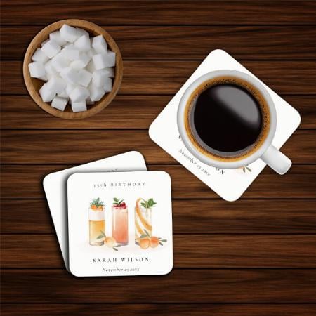 Happy Birthday Cute Fruit Cocktail Orange Juice Customized Photo Printed Tea & Coffee Coasters