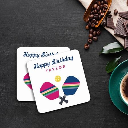 Happy Birthday Pickleball Party Design Customized Photo Printed Tea & Coffee Coasters