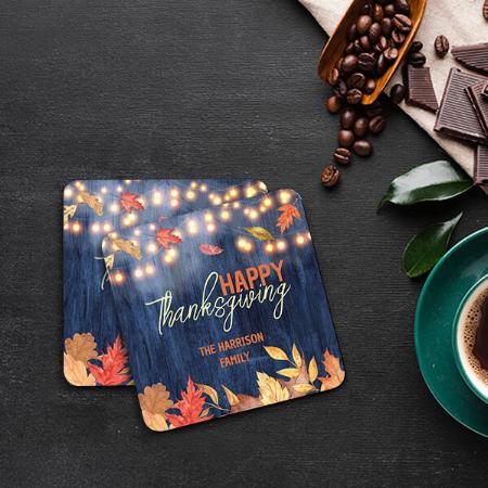 Autumn Leaves Fairy Lights On Wood Customized Photo Printed Tea & Coffee Coasters