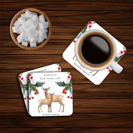 Elegant Red  Green Holly  Berry Deer Duo New Year Design Customized Photo Printed Tea & Coffee Coasters