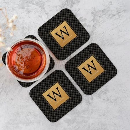 Elegant Black Gold Monogram Initial Script Customized Photo Printed Tea & Coffee Coasters