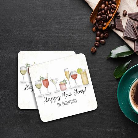 Happy New Years Watercolor Cocktail Drinks Customized Photo Printed Tea & Coffee Coasters