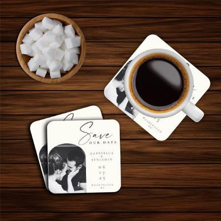Minimalist Elegant Ivory Black Photo Save the Date Customized Photo Printed Tea & Coffee Coasters