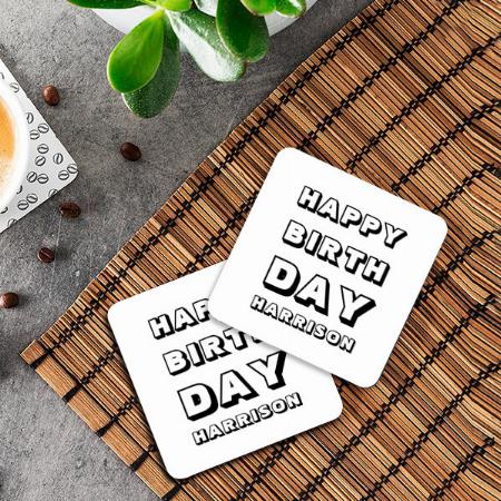Modern Black White Happy Birthday Customized Photo Printed Tea & Coffee Coasters