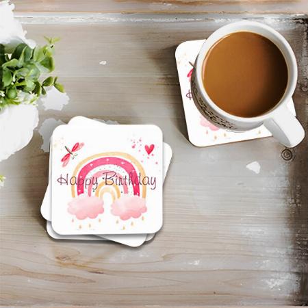 Happy Birthday Pink Rainbow Customized Photo Printed Tea & Coffee Coasters
