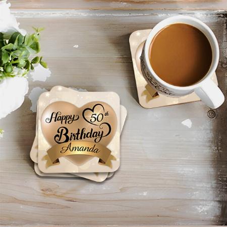 Gold Heart Birthday Customized Photo Printed Tea & Coffee Coasters
