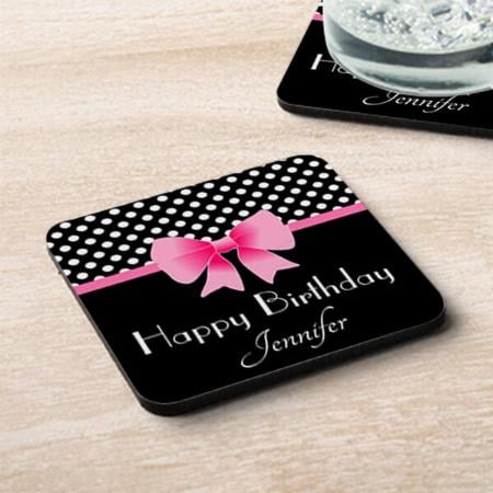 Pink Ribbon Black & White Dots Customized Photo Printed Tea & Coffee Coasters