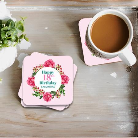 Happy Birthday Pink Rose Red White Floral Customized Photo Printed Tea & Coffee Coasters