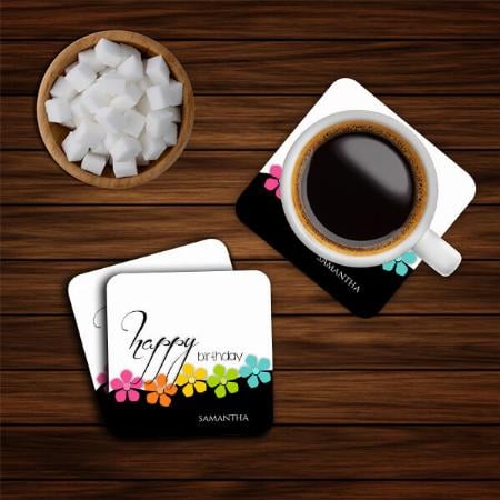 Colorful Flower Black & White Birthday Calligraphy Design Customized Photo Printed Tea & Coffee Coasters
