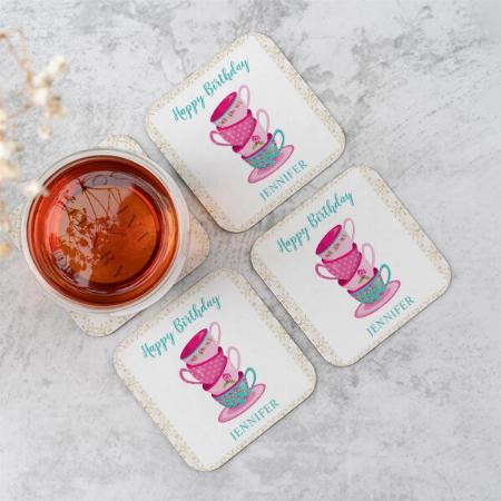Happy birthday Cute Pink Blue Tea Party Cups Customized Photo Printed Tea & Coffee Coasters