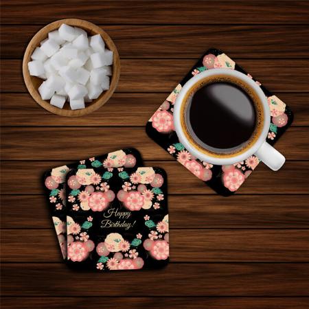 Happy Birthday Spring Peach Flowers Design Customized Photo Printed Tea & Coffee Coasters