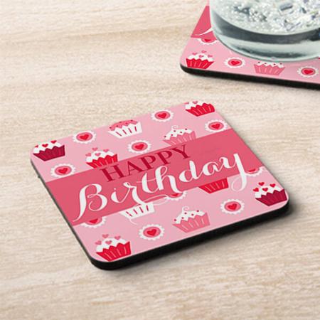 Cute Pink Cup Cake Happy Birthday Customized Photo Printed Tea & Coffee Coasters