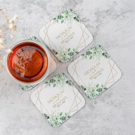 Modern Botanical Greenery Eucalyptus Gold Wedding Customized Photo Printed Tea & Coffee Coasters