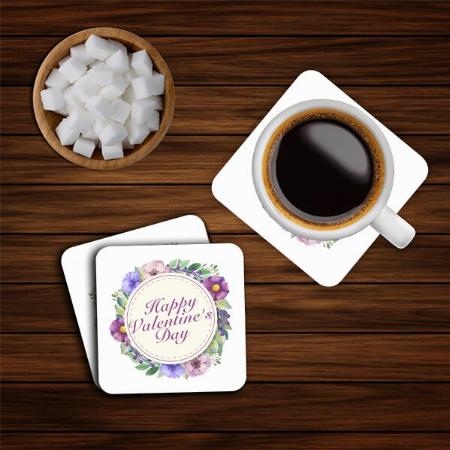 Simple Happy Valentine's Day Floral Frame Customized Photo Printed Tea & Coffee Coasters