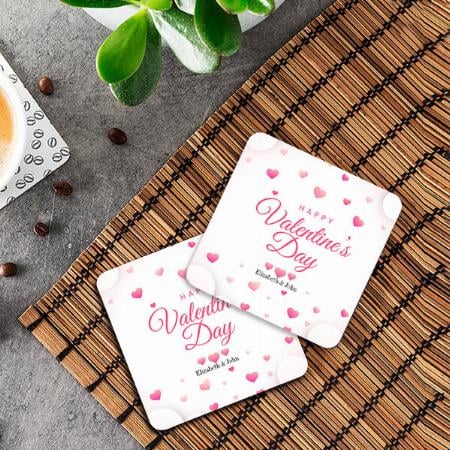 Pink Hearts Happy Valentine's Day Design Customized Photo Printed Tea & Coffee Coasters