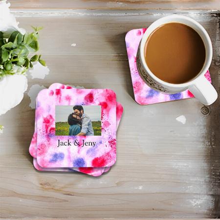 Simple Minimal Pink Blue Watercolor Add Name Photo Customized Photo Printed Tea & Coffee Coasters