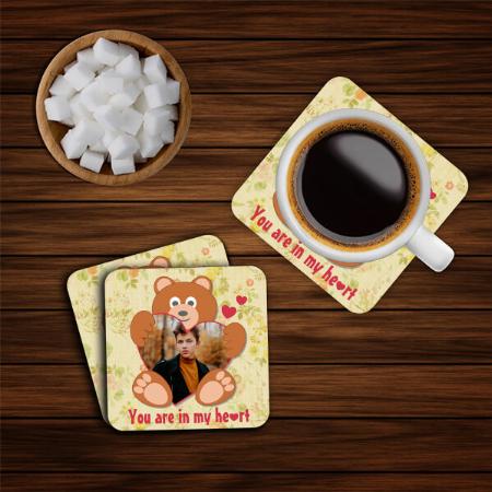 Modern Cute Yellow Teddy Bear Heart Photo Frame Customized Photo Printed Tea & Coffee Coasters