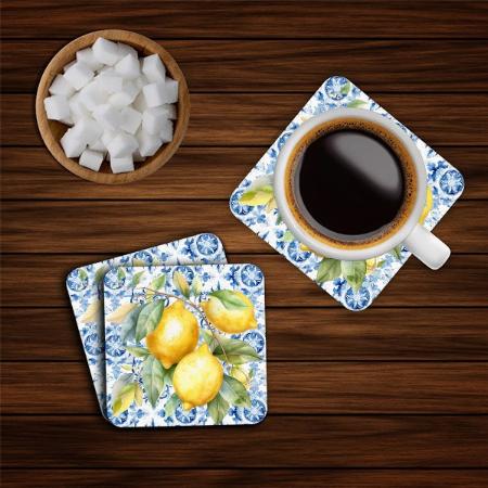 Blue and White Watercolor Lemons Design Customized Photo Printed Tea & Coffee Coasters