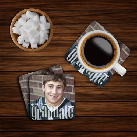 Graduation Photo Minimalist Modern Typography Customized Photo Printed Tea & Coffee Coasters