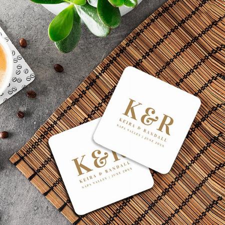 Monogram Minimalist Simple Gold and White Customized Photo Printed Tea & Coffee Coasters