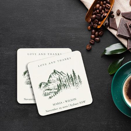 Rustic Green Mountain Sketch Customized Photo Printed Tea & Coffee Coasters