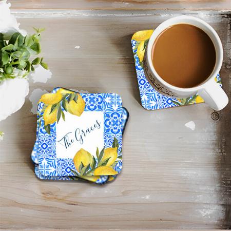 Blue Tile Watercolor with Lemon Customized Photo Printed Tea & Coffee Coasters