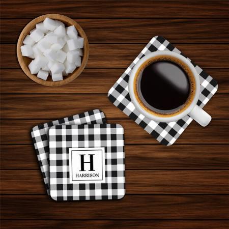 Black White Buffalo Gingham Check Design Customized Photo Printed Tea & Coffee Coasters