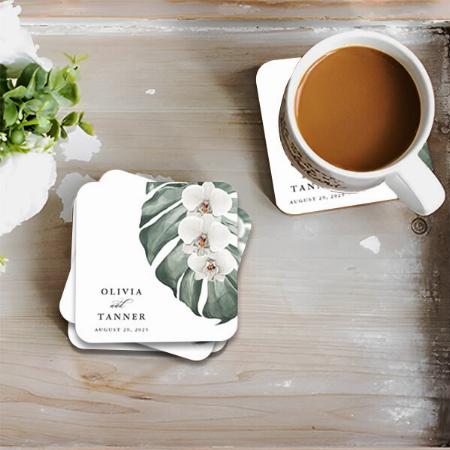 White Orchids on Monstera Tropical Customized Photo Printed Tea & Coffee Coasters
