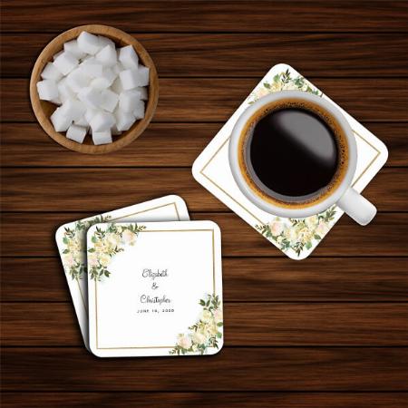 Wedding Watercolor Elegant Rose Floral Design Customized Photo Printed Tea & Coffee Coasters