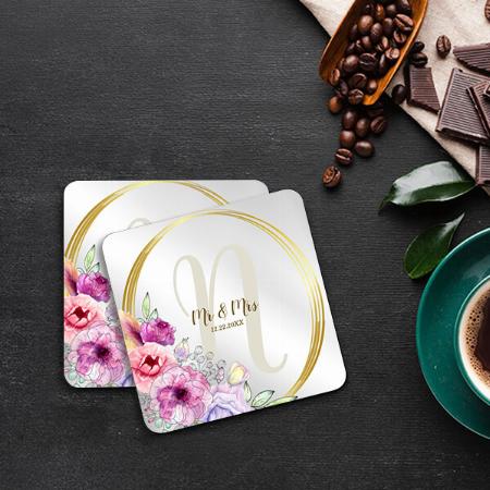 Wedding Colorful Pink Floral Golden Monogram Customized Photo Printed Tea & Coffee Coasters