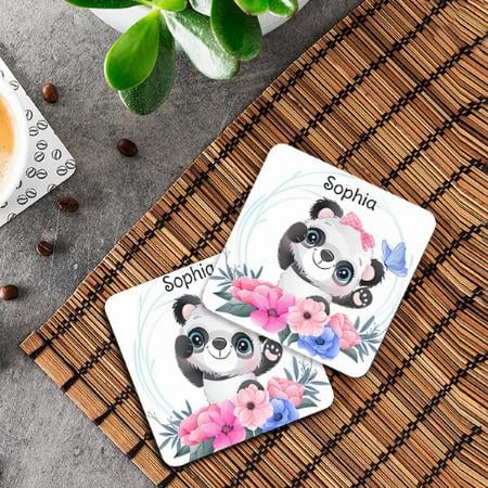 Cute Baby Panda Flower Wreath Design Customized Photo Printed Tea & Coffee Coasters