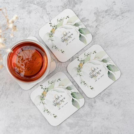 Modern Green and Gold Eucalyptus Flower Design Customized Photo Printed Tea & Coffee Coasters