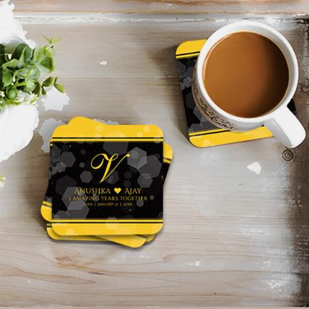 Wedding Anniversary Black And Gold Monogram Customized Photo Printed Tea & Coffee Coasters
