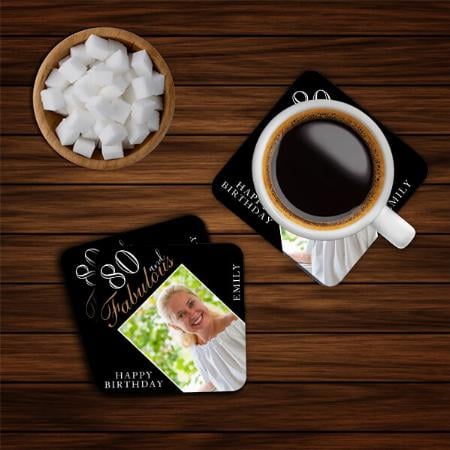 Elegant Black Birthday Photo Customized Photo Printed Tea & Coffee Coasters