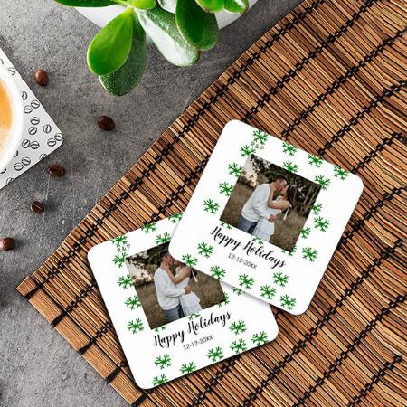 Green Snowflakes Pattern And Photo Design Customized Photo Printed Tea & Coffee Coasters