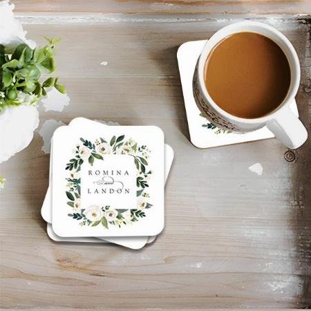Floral Frame with Name Customized Photo Printed Tea & Coffee Coasters